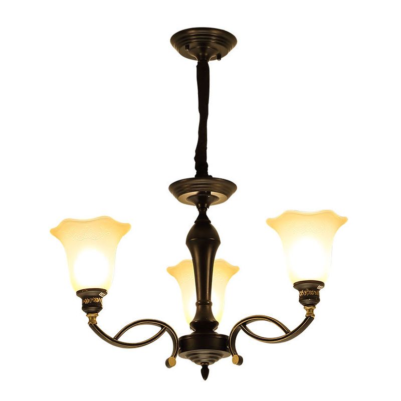 Éclairage de lustre en fleur traditionnel 3/6/8 têtes White Grosted Glass Plafond Lampe Fixture en noir pour le salon