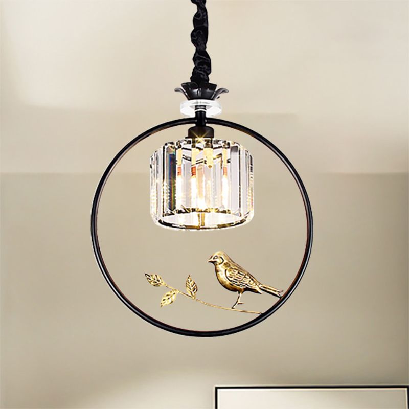 Cylinder Crystal Hanging Light Fixture Minimalist 1 Light Dining Room Pendant Lamp with Gold/Black Ring