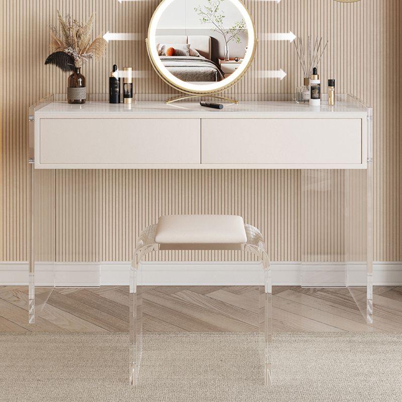 Stone Top Make-up Vanity White Wood Dressing Table with 2 Storage Drawers