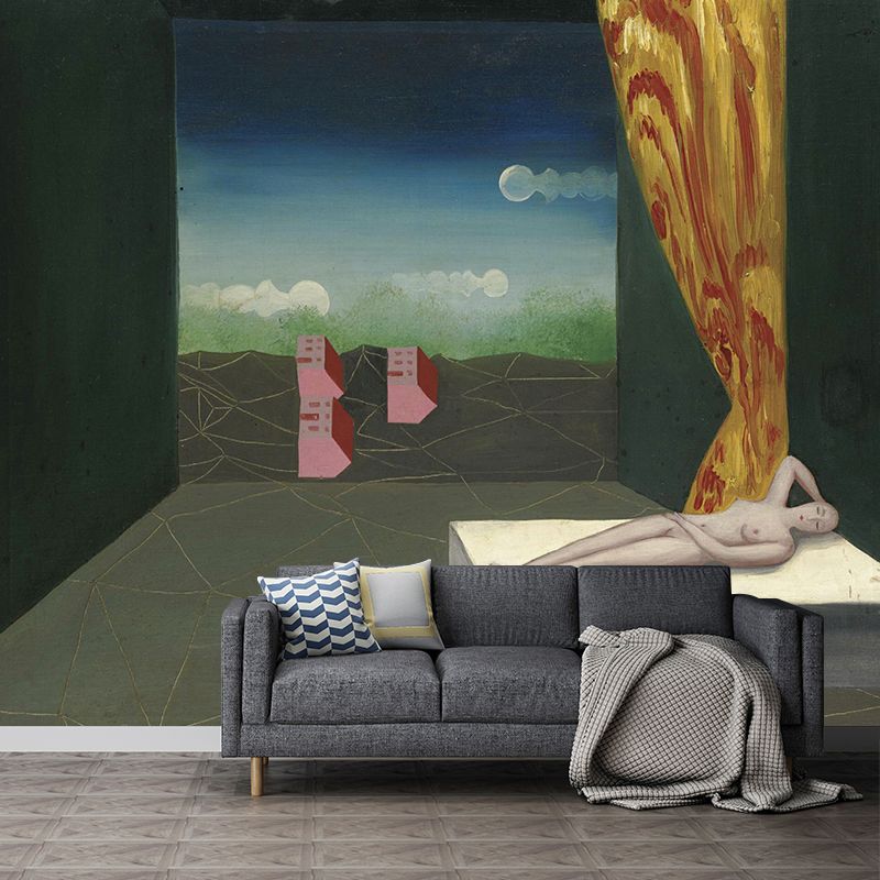 Surrealism Art Gallery Mural Decal Grey-Green Living Room Wall Covering, Made to Measure