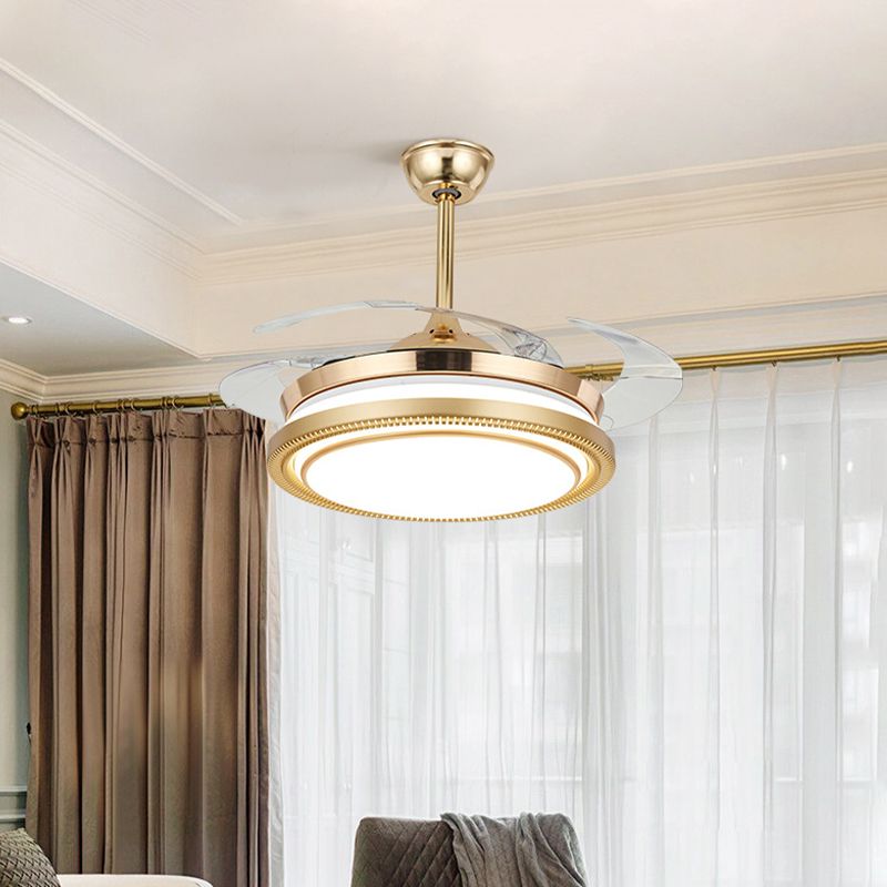 42 "Breedte Acryl Gold ventilatorlamp Ronde LED Minimalistisch semi -spoelbevestigingsplafondlicht met externe/wandregeling, 4 heldere messen