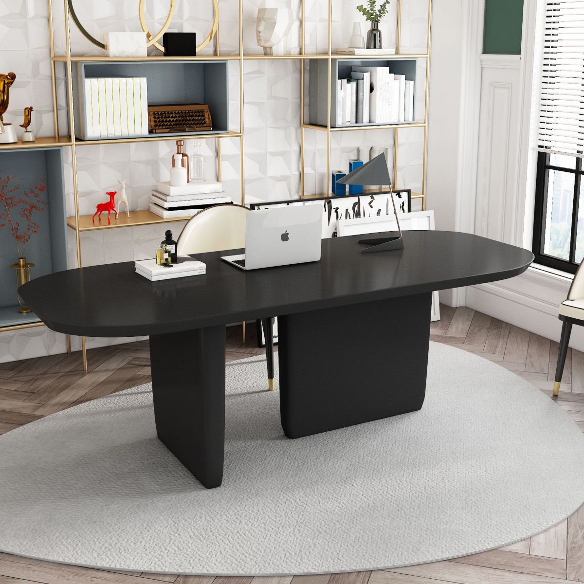 Mesa de comedor de madera maciza rectángulo mesa moderna con base de pedestal doble