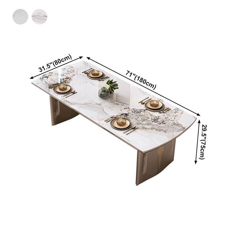 Mesa de comedor de lujo con tapa de piedra sinterizada, mesa rectangular con pedestal doble dorado