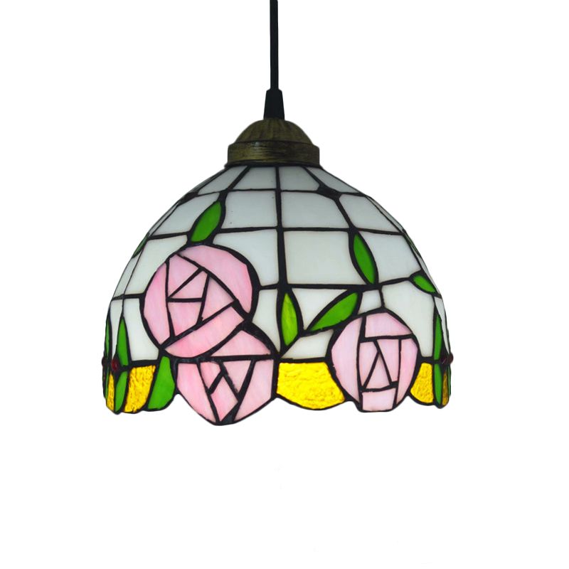 White Cut Glass Ceiling Hang Fixture Domed 1 Light Mediterranean Suspension Lighting with Rose Pattern