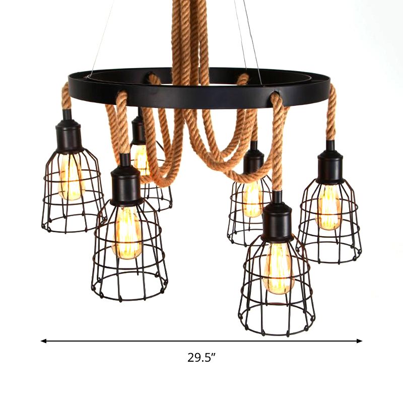 Lampada a ciondolo a sospensione a lampadina multipla nera Light Vintage Metal Global/Bell Cage Spender Lamp with Rope