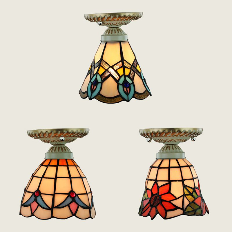 Plafonnier coloré de style Tiffany, vitrail, 1 ampoule, plafonnier encastré avec motif tournesol/queue de paon/lys