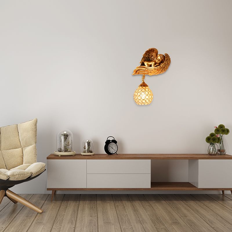 Resin Angel Wall Lighting with Clear Crystal Dome Shade 1 Light Loft Style Wall Sconce Light in Gold