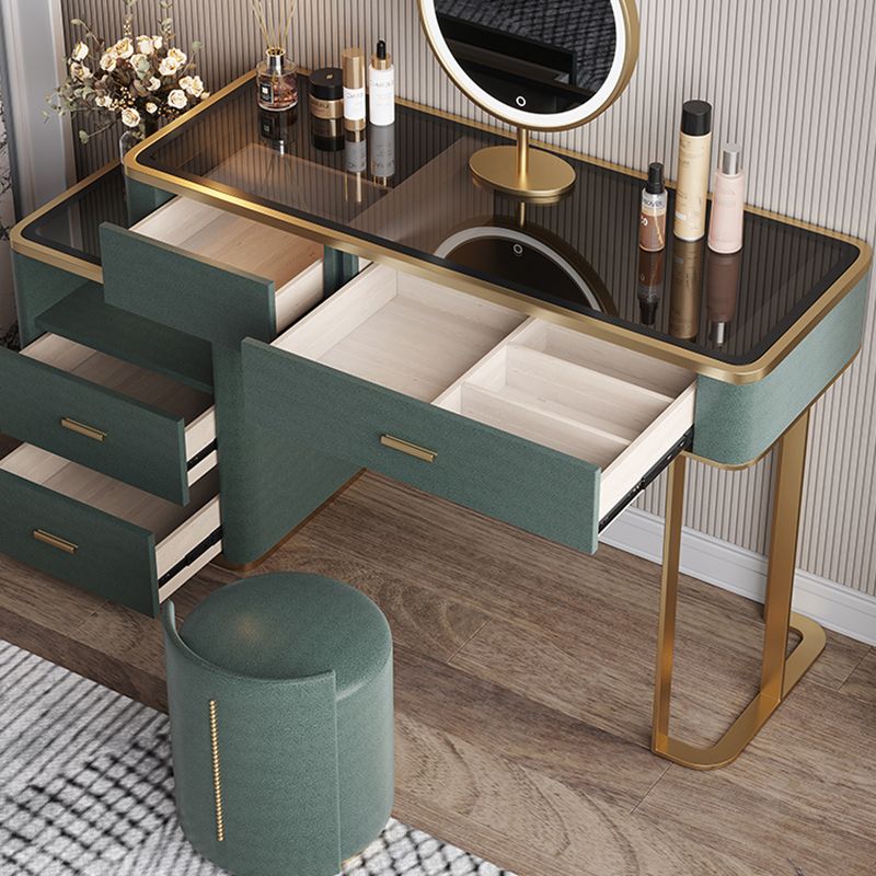 Glass Top Vanity Table 2-Drawer Stool Vanity Set with Lights Mirror