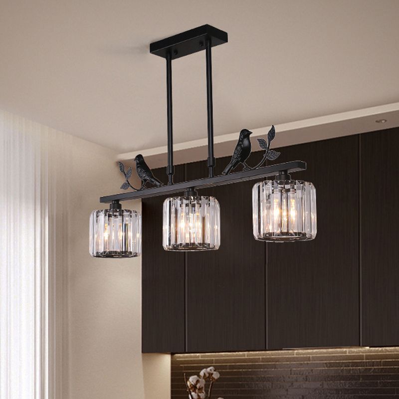 Présentation du cylindre à 3 bulbs Light Postmodern Black / Gol Crystal Prism Pendant avec décoration d'oiseaux et de feuilles