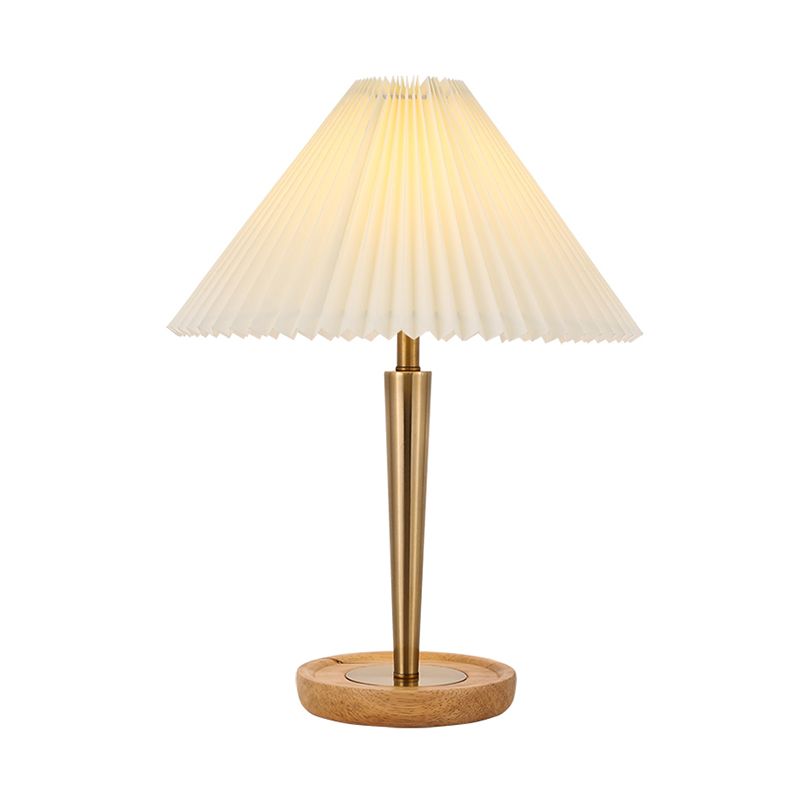 1-Head Night Table Lamp Countryside Conic Pleated Fabric Task Lighting with Wood Round Pedestal in Gold