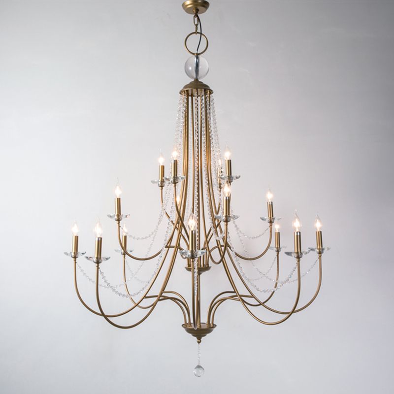 Country Style Candlestick Chandelier Metallic Hanging Light Kit with Crystal Strand