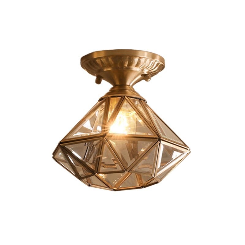 Plafonnier de chambre à coucher diamant/étoile encastré traditionnel en verre transparent à 1 lumière en laiton