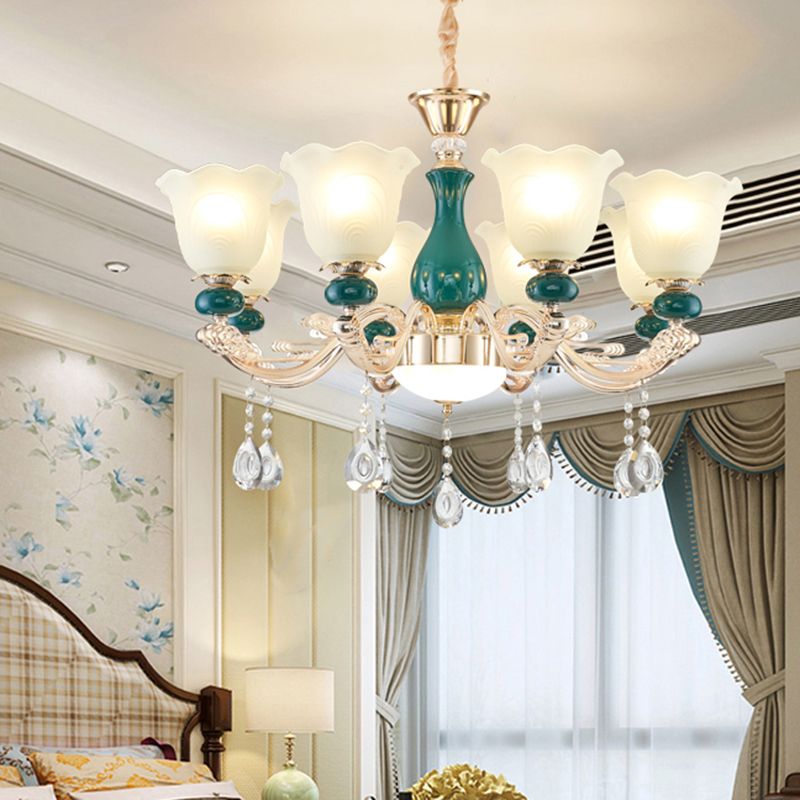 Traditional Ruffle Bell Suspension Light Cream Glass Chandelier Light with Hanging Crystal in Green