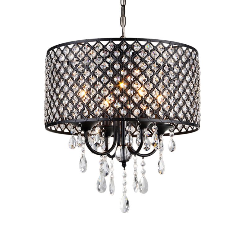 Vintage -Stil Schwarz/Chrom -Kronleuchterlampe mit Trommelfarbton 4 Lichter Eisen und Kristall hängen Licht
