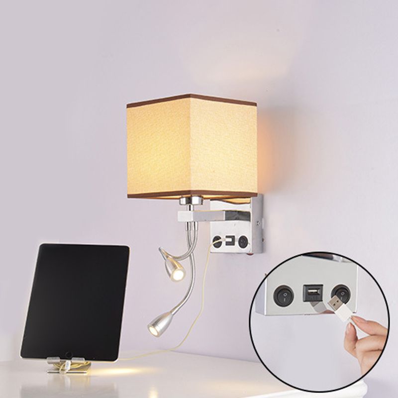 15.7" H Modern Simplicity Bedside LED Reading Lamp Square Fabric Shade Dual Spotlight Design Sconce Lights in Bedroom
