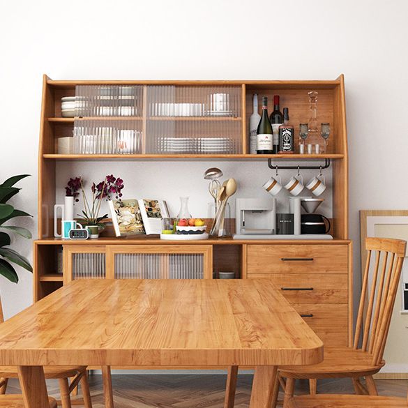 Pine Wood Buffet Table 3 Drawer 4 Glass Doors Simple Style Cupboard for Kitchen