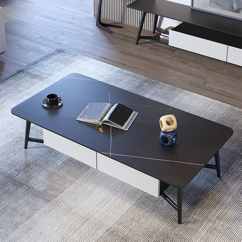 4 Legs Base Rock Slate Top Cocktail Table Metal Iron Base Rectangular Coffee Table