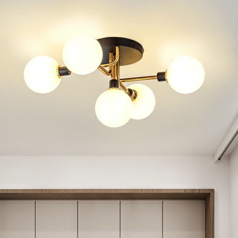 Postmoderne Kugel Flush Mount Lamp Glas 5-Licht Schlafzimmer Halbflush-Deckenleuchte in Schwarzmarke