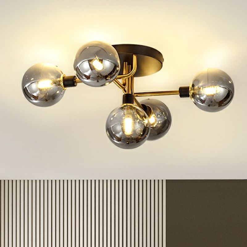 Postmoderne Kugel Flush Mount Lamp Glas 5-Licht Schlafzimmer Halbflush-Deckenleuchte in Schwarzmarke