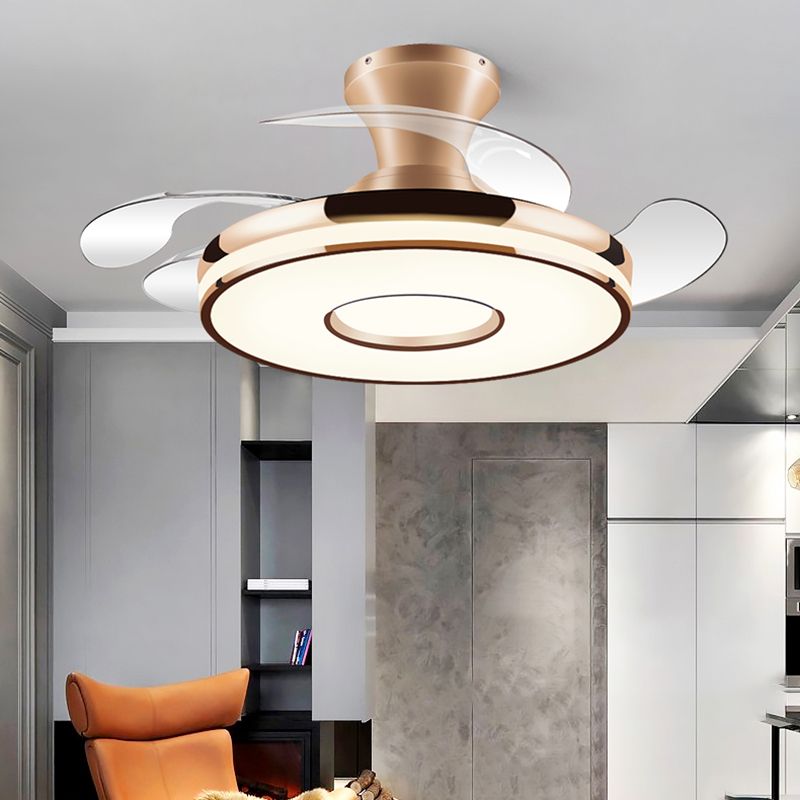 Round Ceiling Fan with Invisible Blades Modern Style Dining Room LED Semi Flush Light