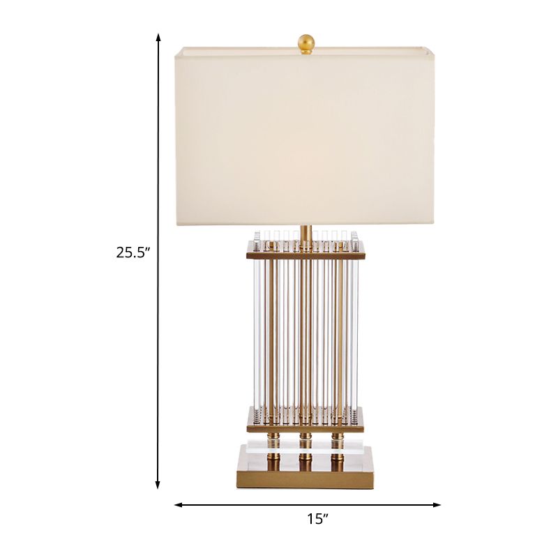 Weißer Stoff Rechteck Nachttisch Licht minimalist 1 helle goldene Schreibtischlampe mit klaren Glasstangen