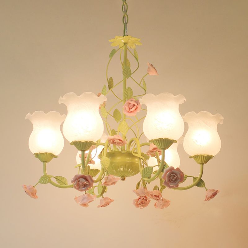Milk Glass Bloom Chandelier Lamp Traditional 6 Heads Living Room Pendant Light Fixture in Green