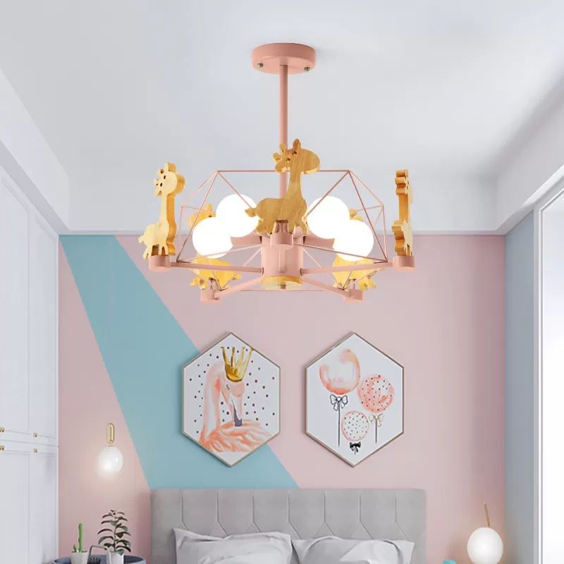 Wire Frame Semi Flush Mount Light with Giraffe 5 Heads Kids Metallic Ceiling Lamp for Child Bedroom