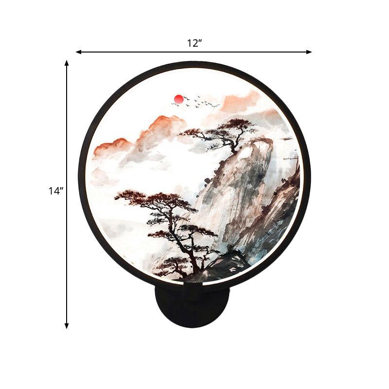 LED Hallway Wall Lighting Fixture Chinese Black Pine Tree and Mountain Mural Light with Round Acrylic Shade