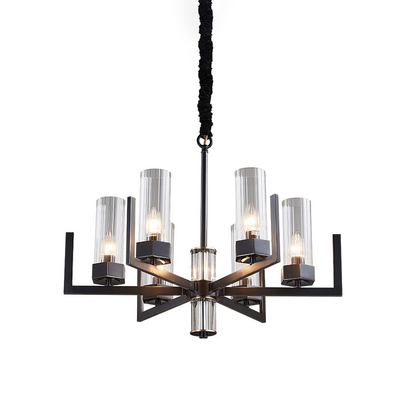 Zwarte radiale kroonluchter vintage metalen 6-bulb eettafel suspensie hanglamp met fluit prismatische glazen schaduw