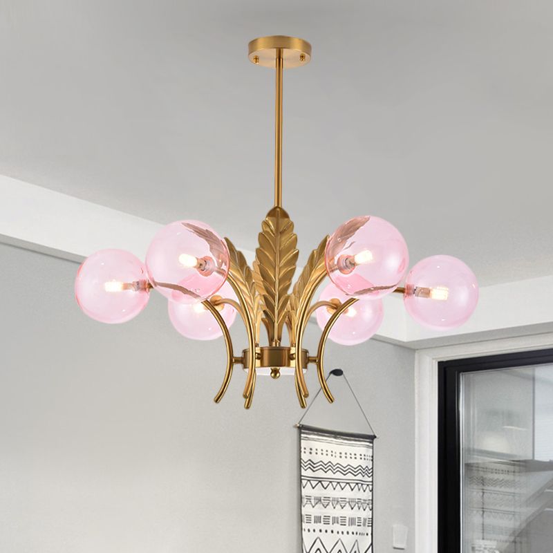 Bol plafondlamp eenvoud wit/roze/cognac glas 6-bulb salon led hangende kroonluchter met bladdecoratie