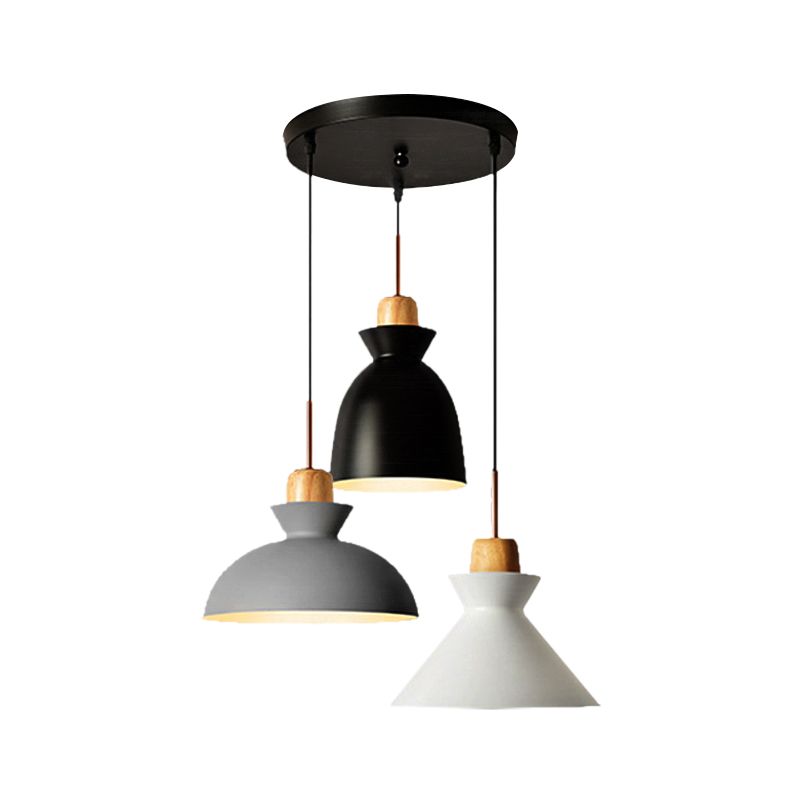 3 Bulbs Pendant Lighting with Shade Metal and Wood Nordic Style Indoor Ceiling Light Fixture in Black