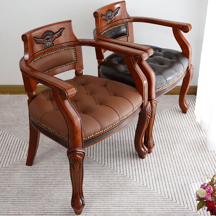 Rustic Style Dining Chair Leather Solid Wood Arm Chair for Home