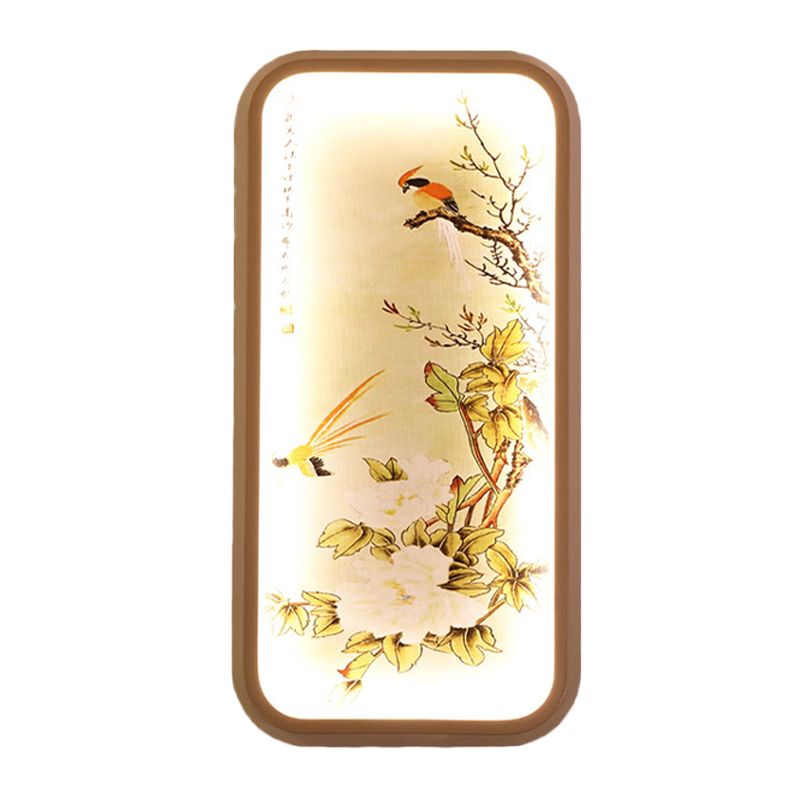 Fabric Rectangle Leaf and Bird Mural Light Chinese Style LED Yellow Wall Mount Light