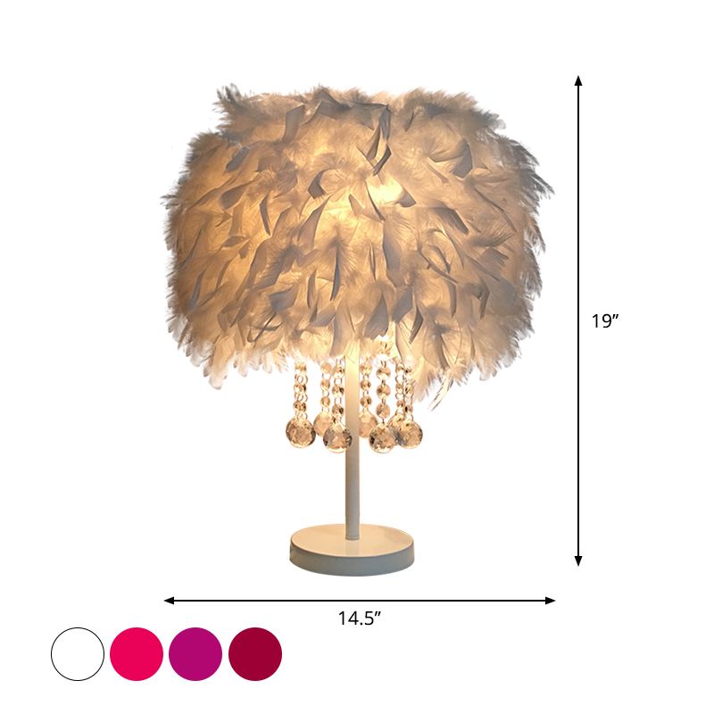 Feather Round Night Stand Lamp Light Contemporary 1-Bulb Red/Rosa/Purple Table Light con goccia di cristallo e base bianca/cromata