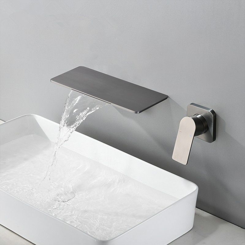 Sink Faucet Wall Mount Waterfall Spout 2 Holes Lever Handle Bathroom Faucet