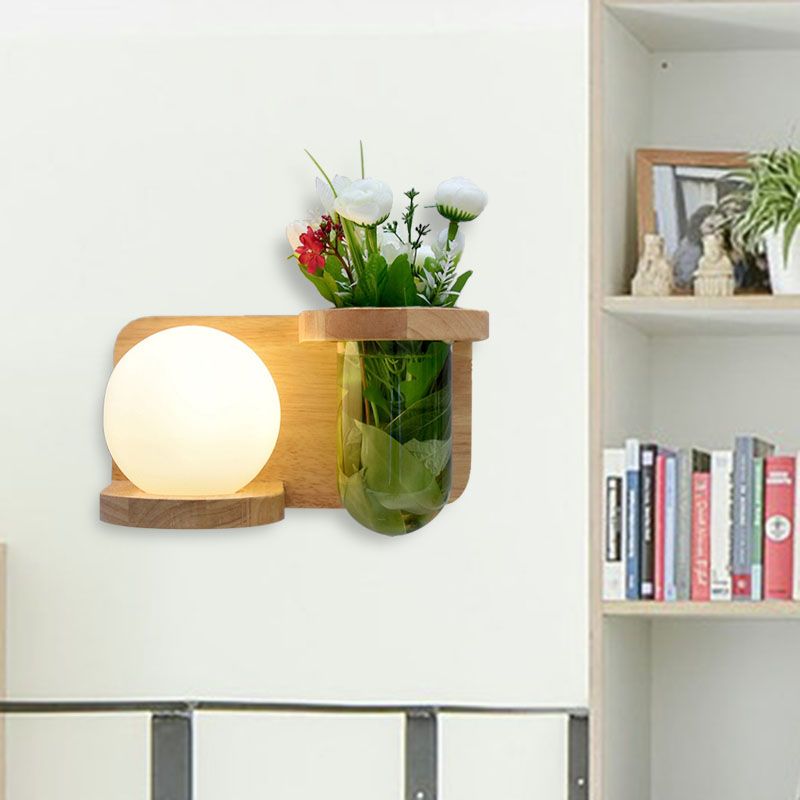 Milky Glass Orb Sconce Light Industrial 1 Head Bedroom LED Wall Lighting in Wood, Left/Right