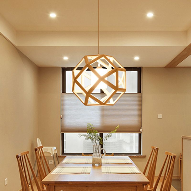 Asia Wood Globe Cage Pendant Lamp Single Bulb Hanging Light in Beige with Fabric Shade Inside