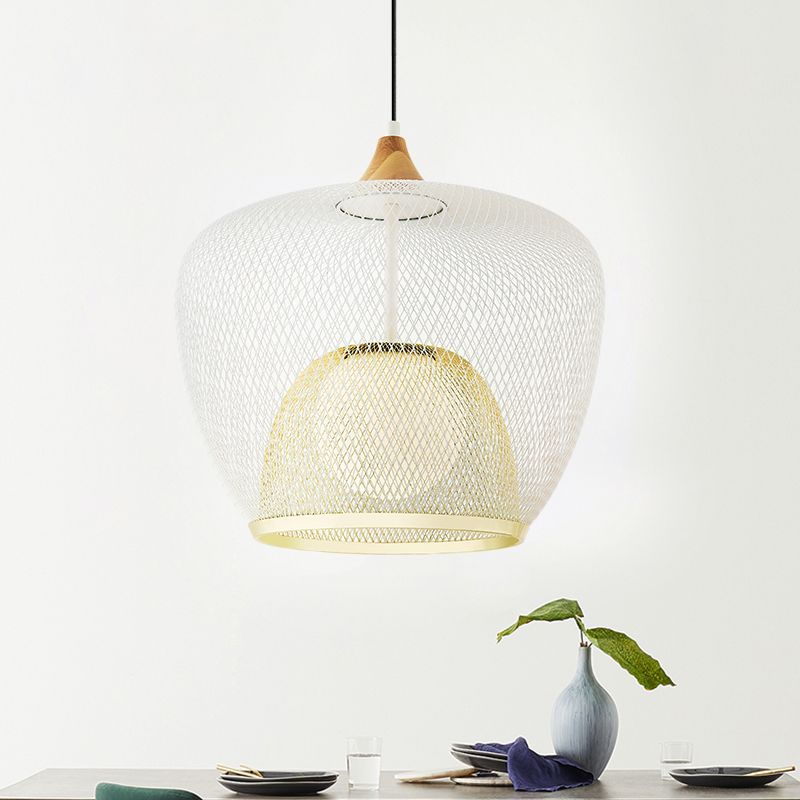 Contemporary 1 Bulb Pendant Lighting with Iron Mesh Shade White/Blue Woven Basket Hanging Ceiling Lamp