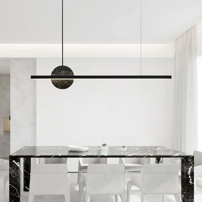 Linear LED Kitchen Island Fixture in Black / Gold Brass and Marble Ceiling Pendant