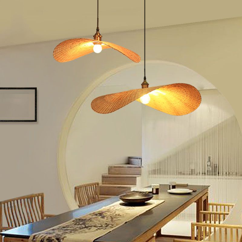 Lotus Leaf Suspension Lighting Minimalist Bamboo 1 Head Wood Pendant Ceiling Light