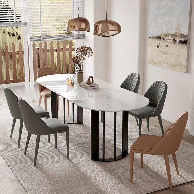 Modern White Stone Top Dinner Table Oval Metal Double Pedestal Dining Table
