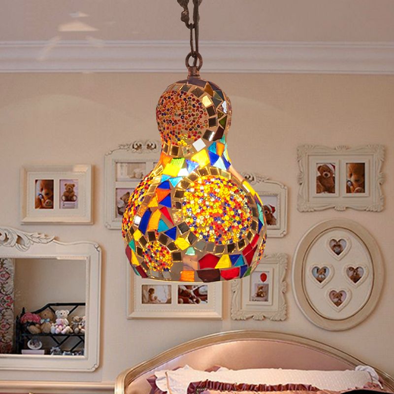 Cut Glass Gourd Hanging Light Fixture Turkish 1 Light Restaurant Ceiling Pendant in Yellow/Orange/Green