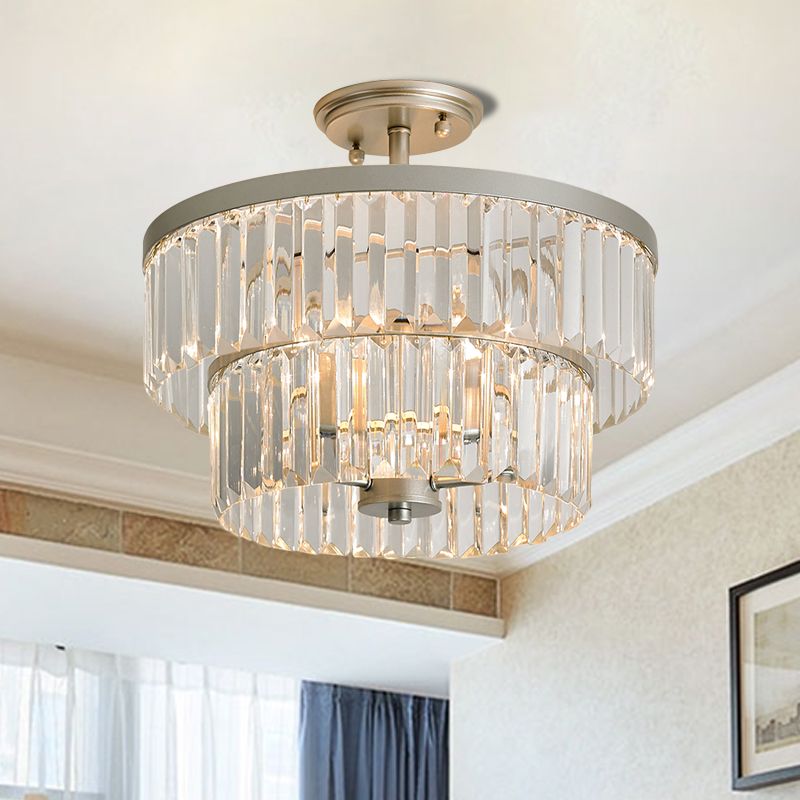 3 Bulbs Semi Flush Light with 2-Tier Cylinder Shade Clear Crystal Modern Dinning Room Ceiling Lamp