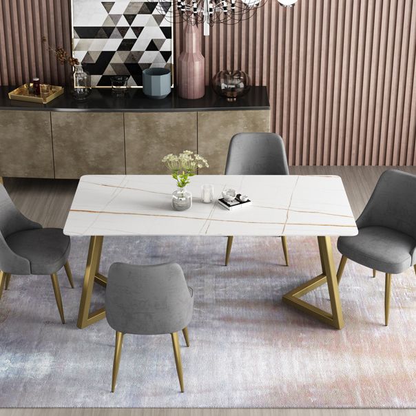 Mesa de comedor de simplicidad Mesa de piedra sinterizada rectangular con base metálica