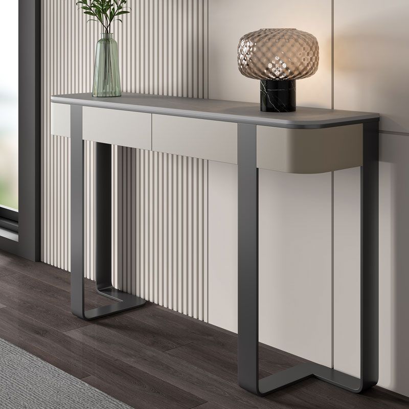 Modern Accent Table Stone Half Moon Console Table with 1 Shelf , 33.46" Tall