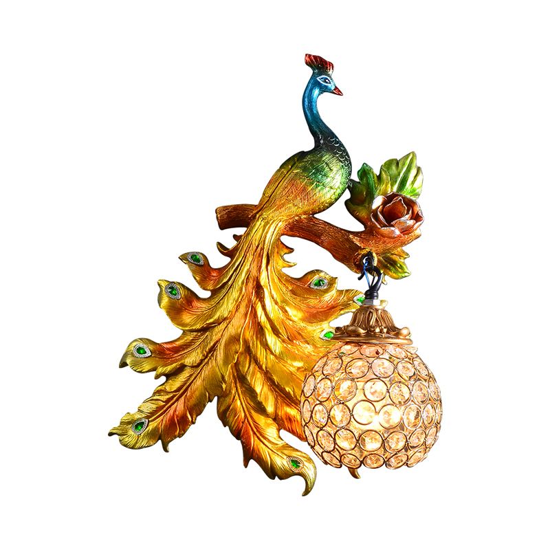 Pfauen Schlafzimmer Wandleuchte Landharz 1 Hellgrün/goldene Leuchtenlampe mit Kugelkristallschatten, links/rechts