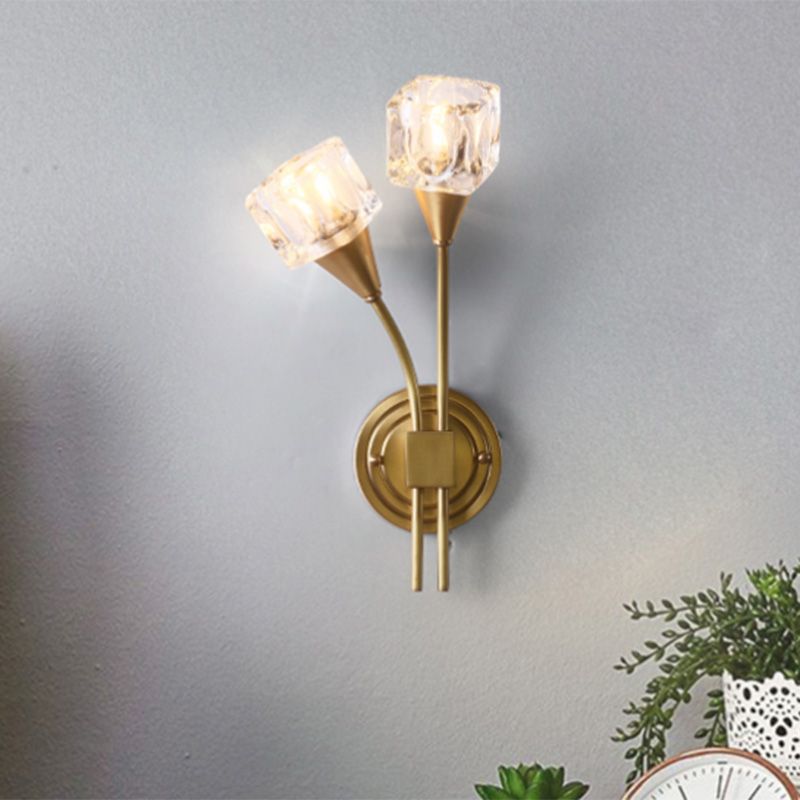 Gold Cube Wall Sconce Lighting Contemporary 2 Lights Clear Crystal LED Wall Light Fixture for Living Room