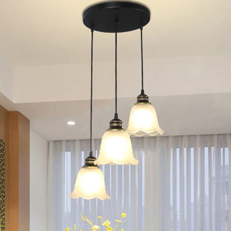 Opal Glass Bell Shade Hanging Light Rustic Dining Room Pendant Light with Scalloped Trim in Black