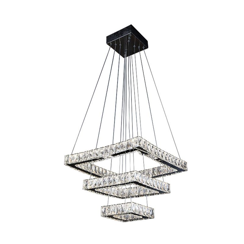 Square Ceiling Chandelier Minimalist Crystal LED Black Pendant Lighting Fixture