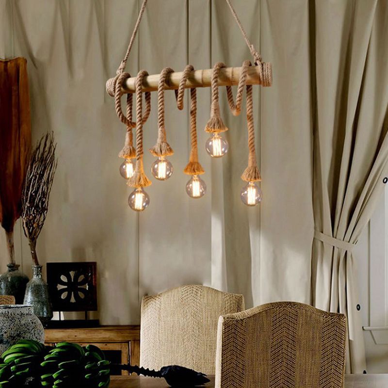 Brown Island Pendant Light Rustic Rope Open Bulb Hanging Light Kit with Bamboo Pole